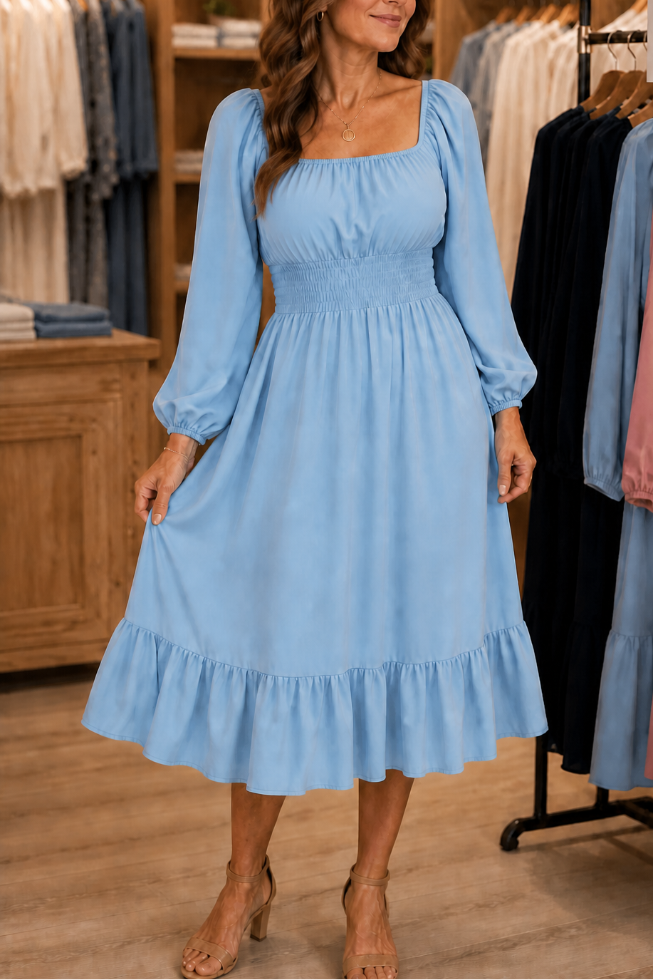 Adeline | Smocked Square-Neck Midi Dress