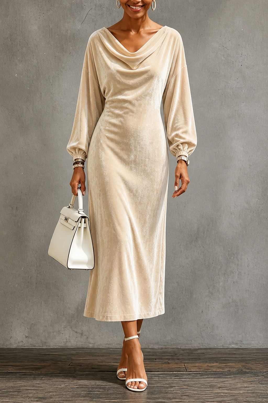 Velvienne | Velvet Round-Neck Midi Dress