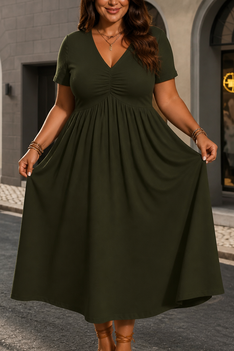 Adeline | Ruched V-Neck Midi Dress