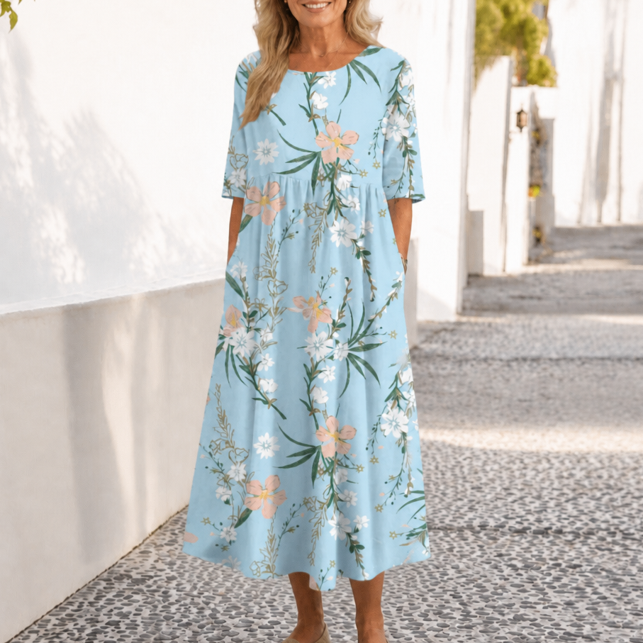 Camille | Floral Round-Neck Midi Dress