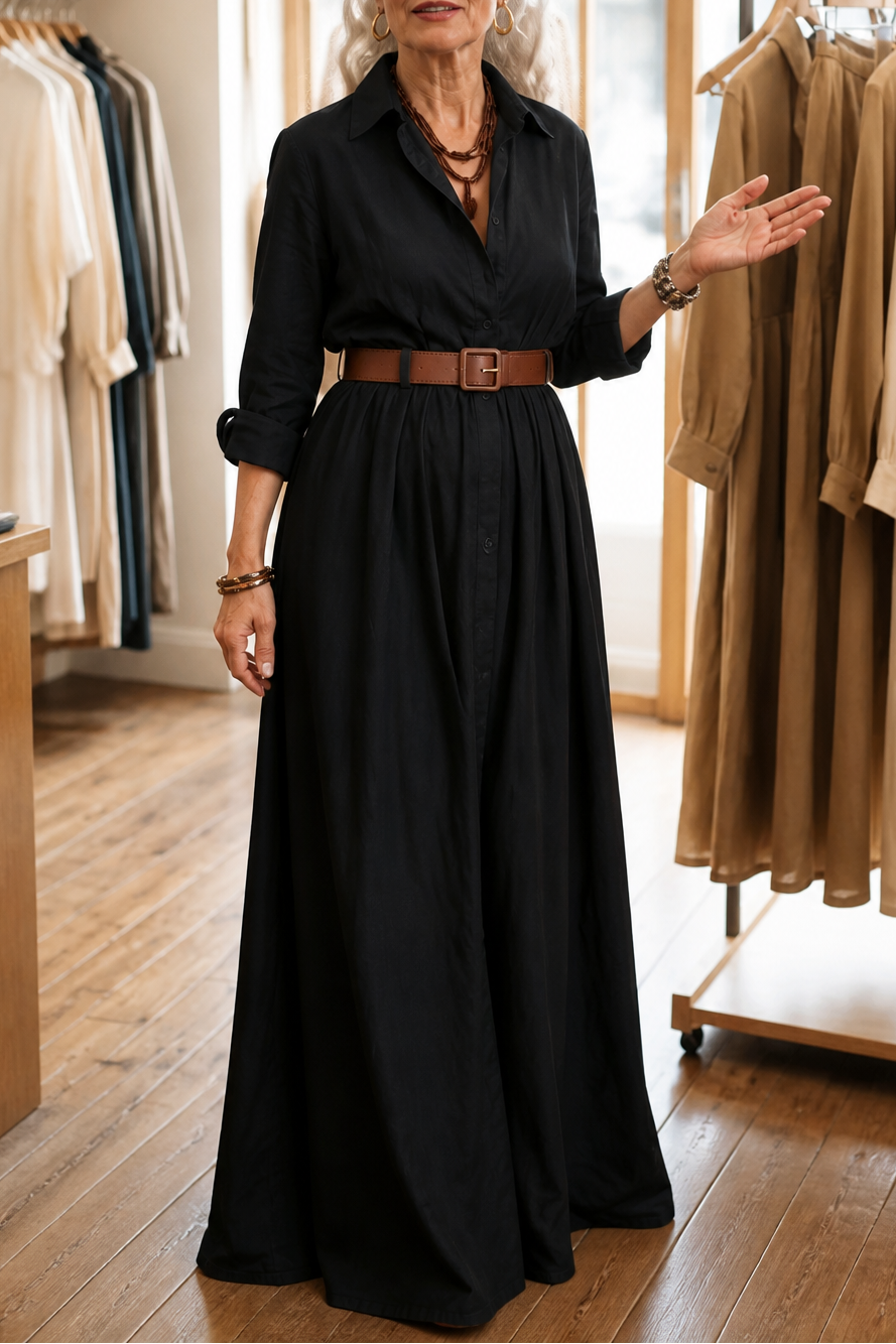 Adeline | Belted Collared Maxi Dress