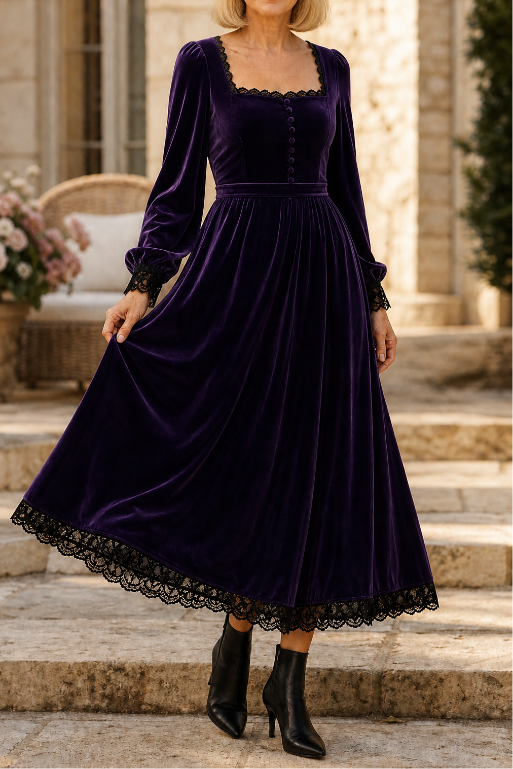 Vivienne | Square Neck Velvet Midi Dress