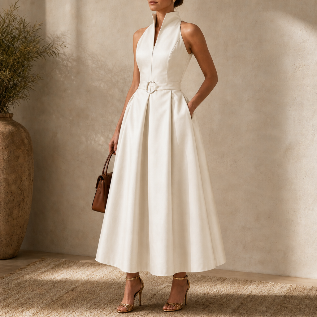 Elara | Zip-Neck Fit-And-Flare Midi Dress