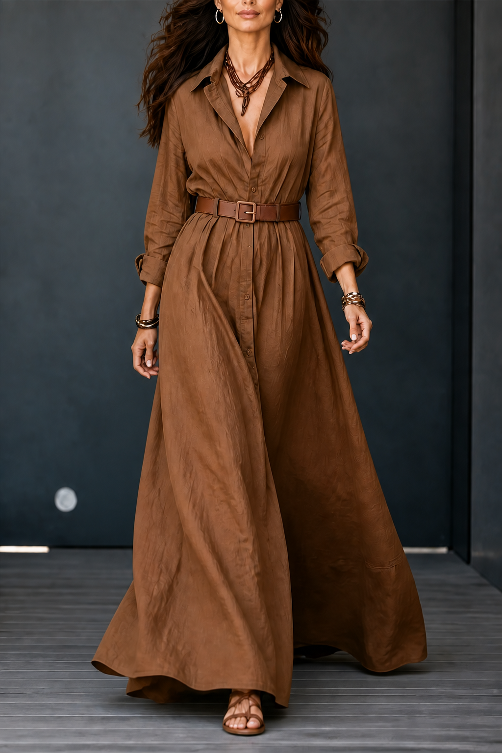 Adeline | Belted Collared Maxi Dress