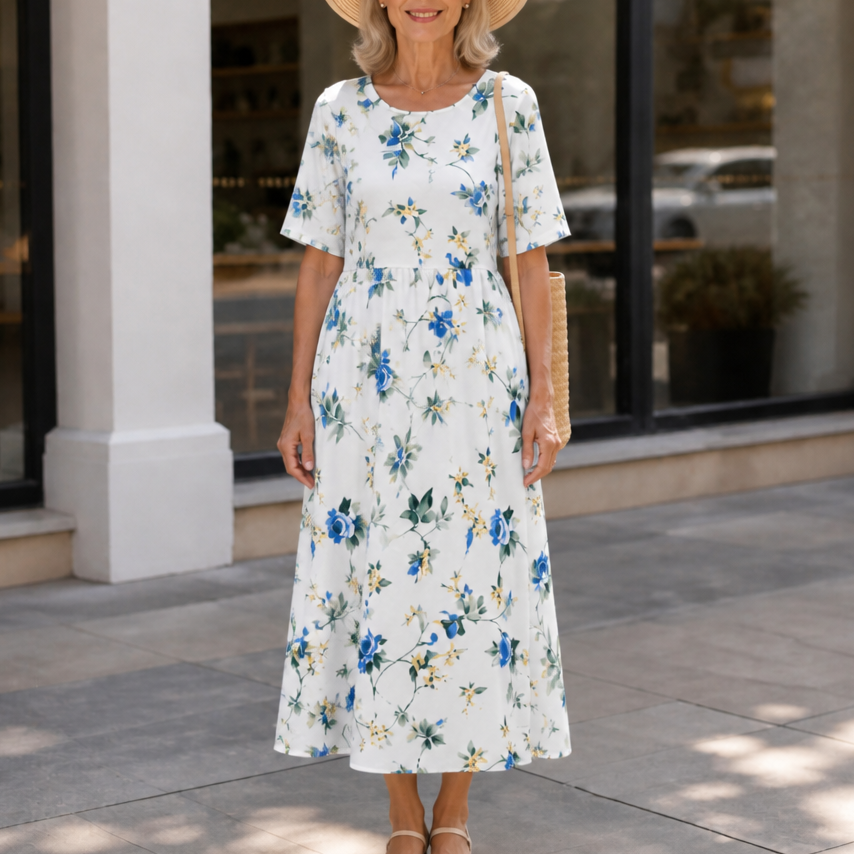 Camille | Floral Round-Neck Midi Dress