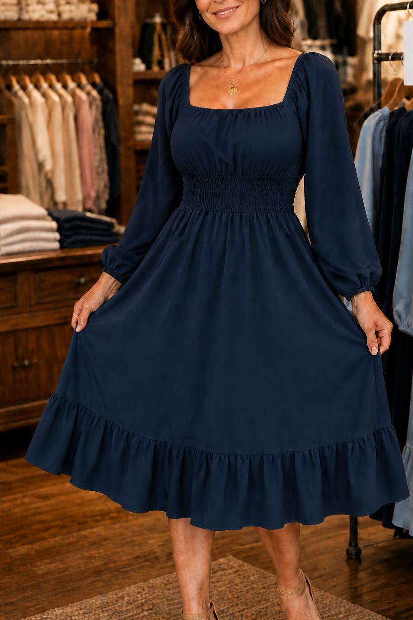 Adeline | Smocked Square-Neck Midi Dress