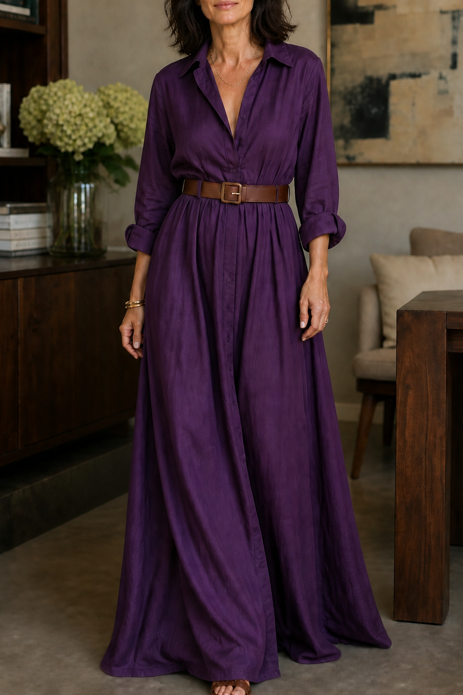 Adeline | Belted Collared Maxi Dress