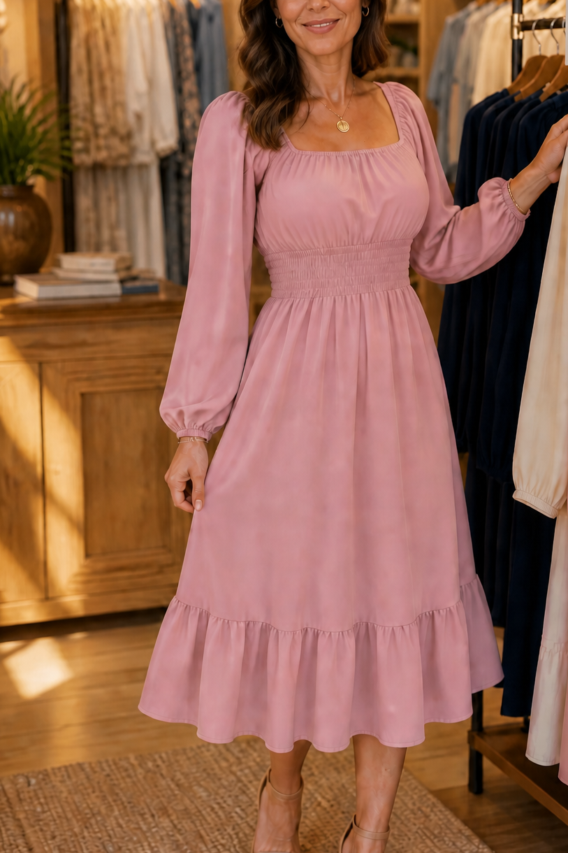 Adeline | Smocked Square-Neck Midi Dress