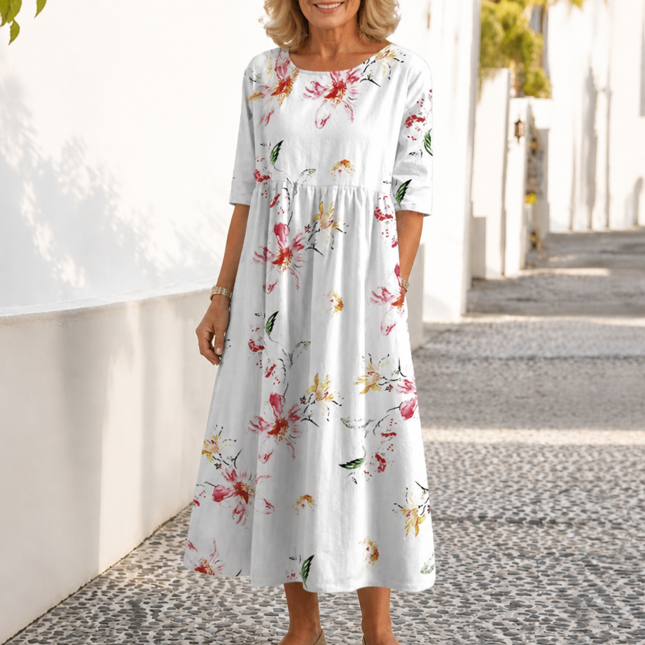 Camille | Floral Round-Neck Midi Dress