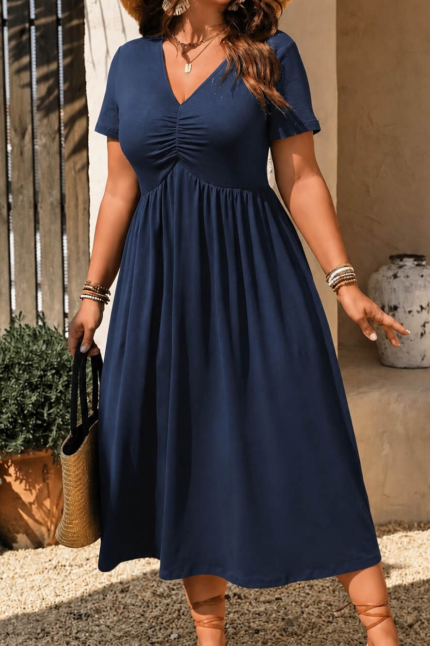 Adeline | Ruched V-Neck Midi Dress