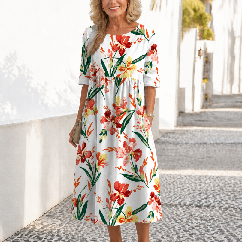 Camille | Floral Round-Neck Midi Dress