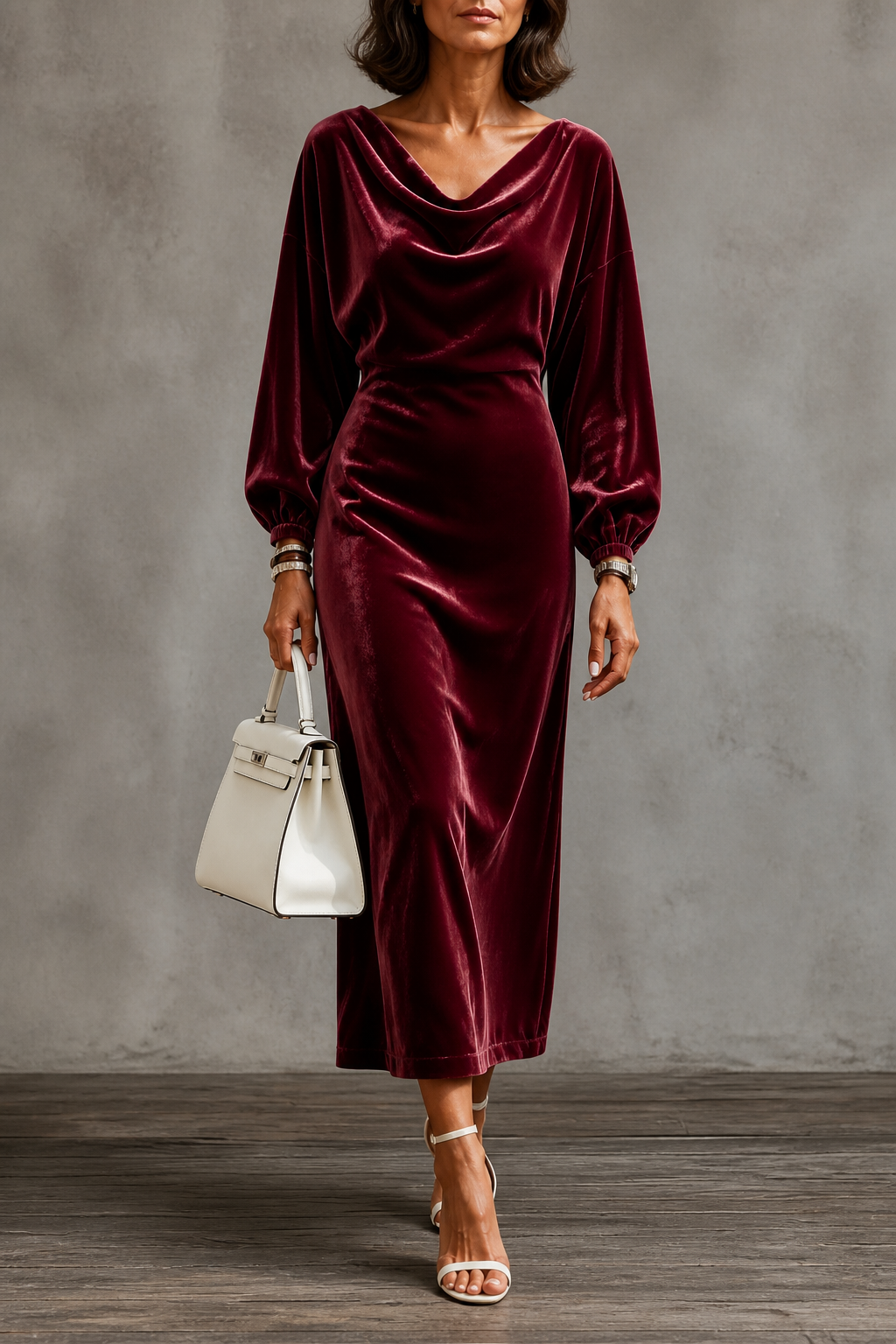 Velvienne | Velvet Round-Neck Midi Dress