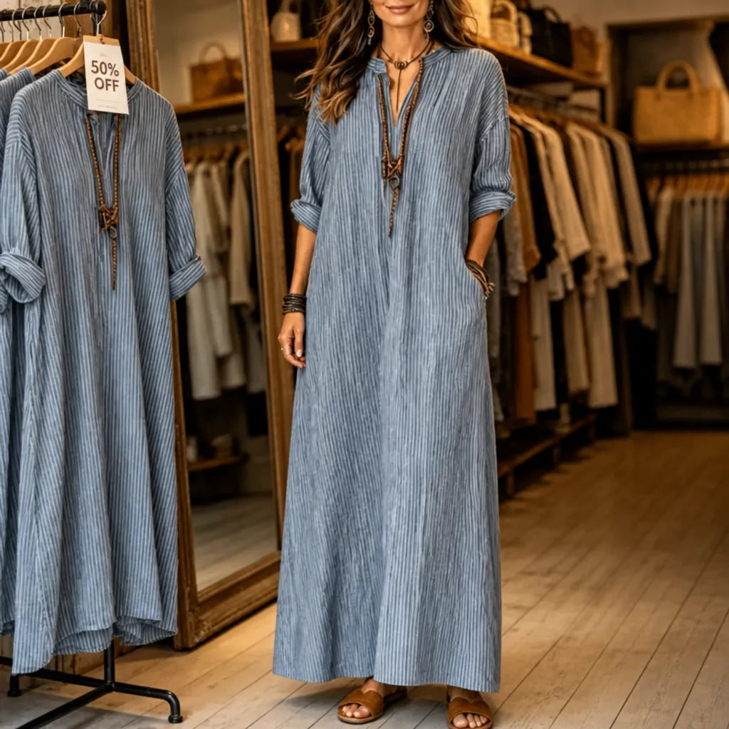 Vestara | Striped V-Neck Maxi Dress