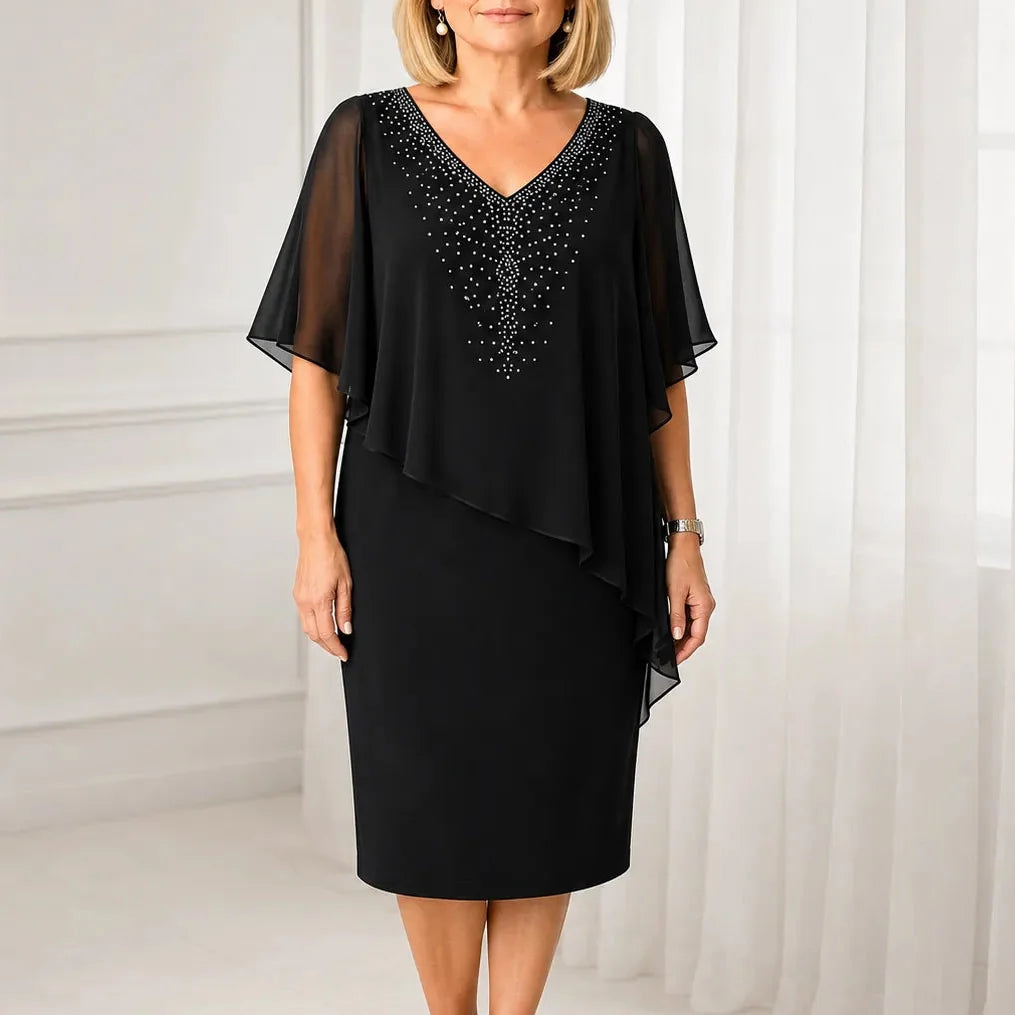 Velora | Rhinestone Cape Midi Dress