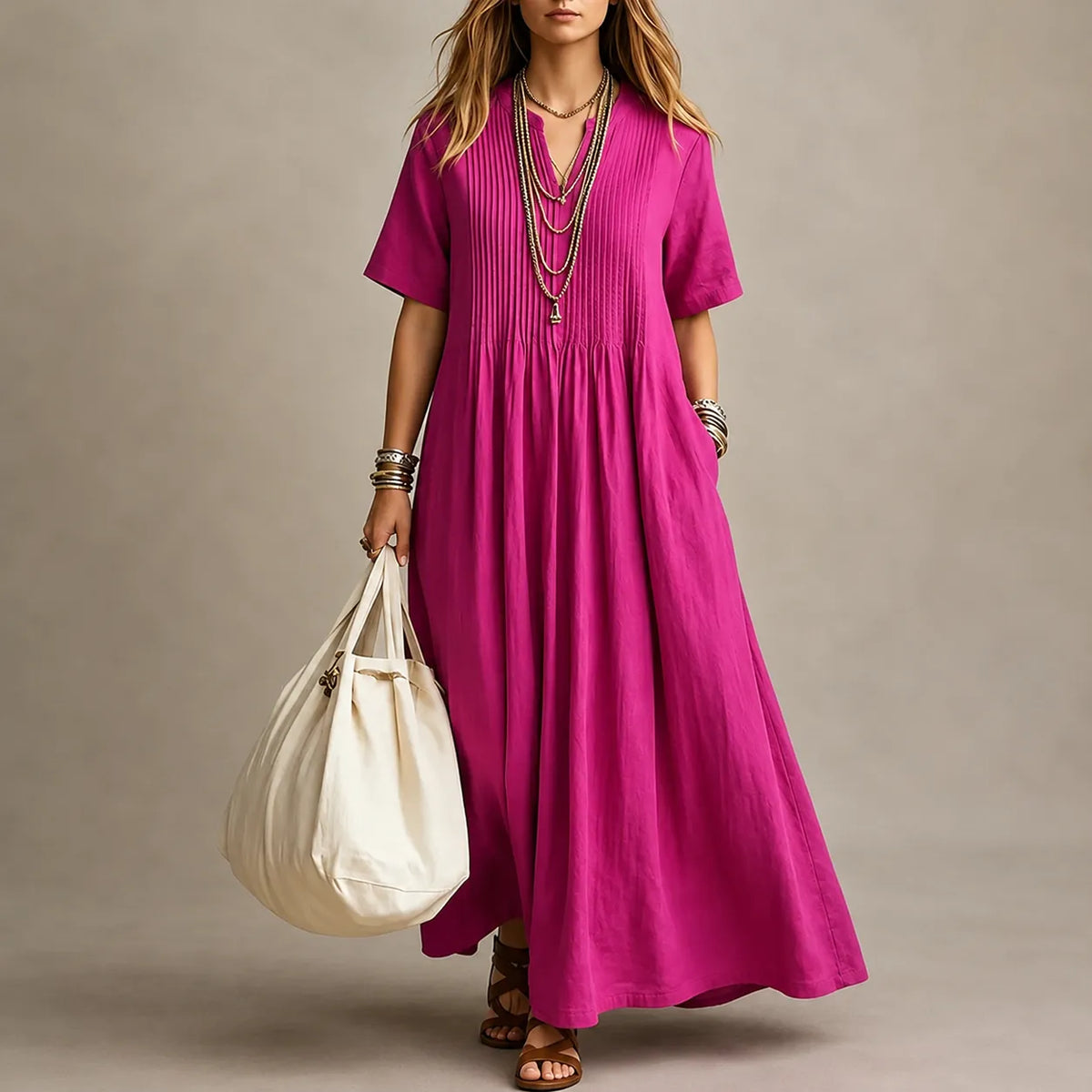 Lunavia | Pleated V-Neck Maxi Dress