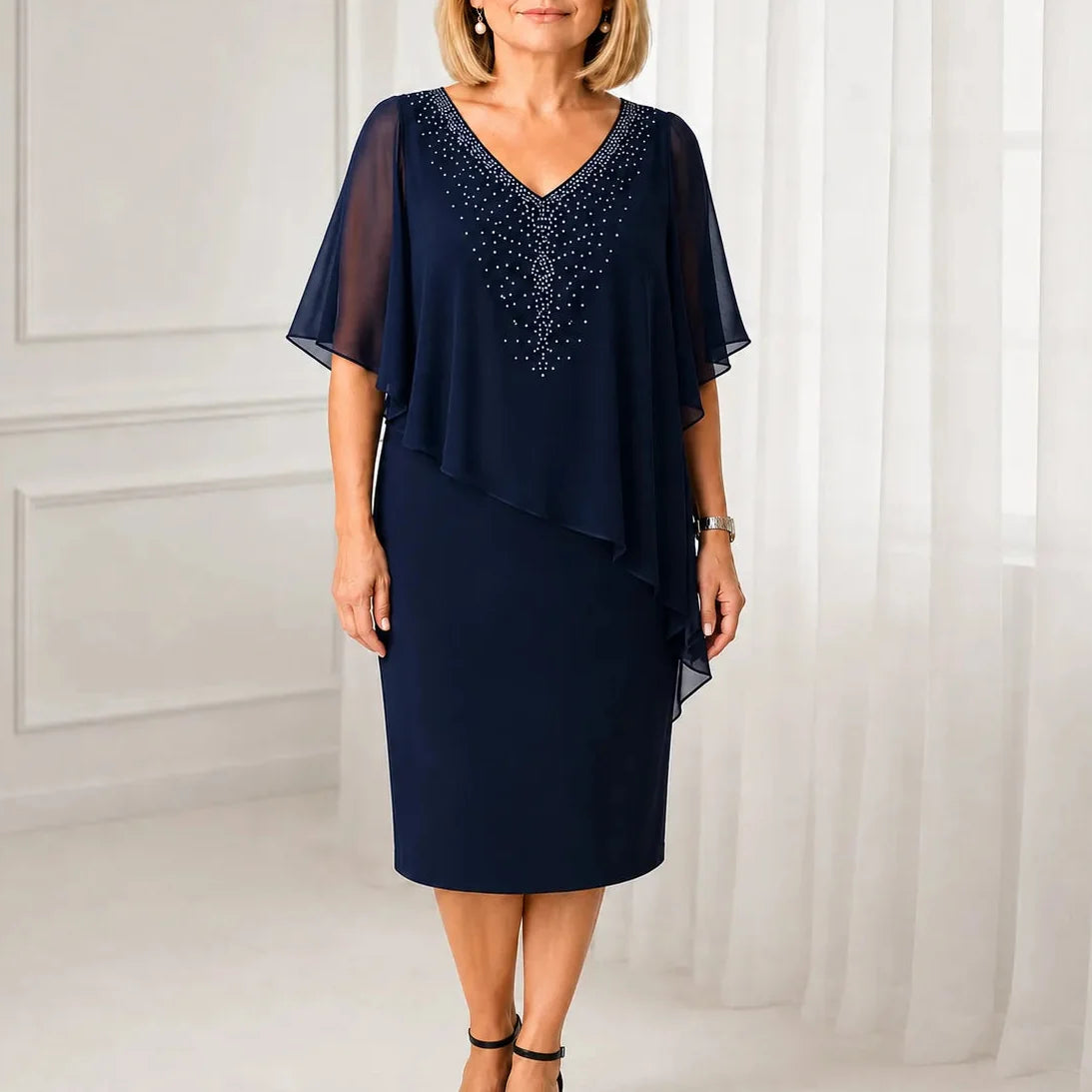 Velora | Rhinestone Cape Midi Dress