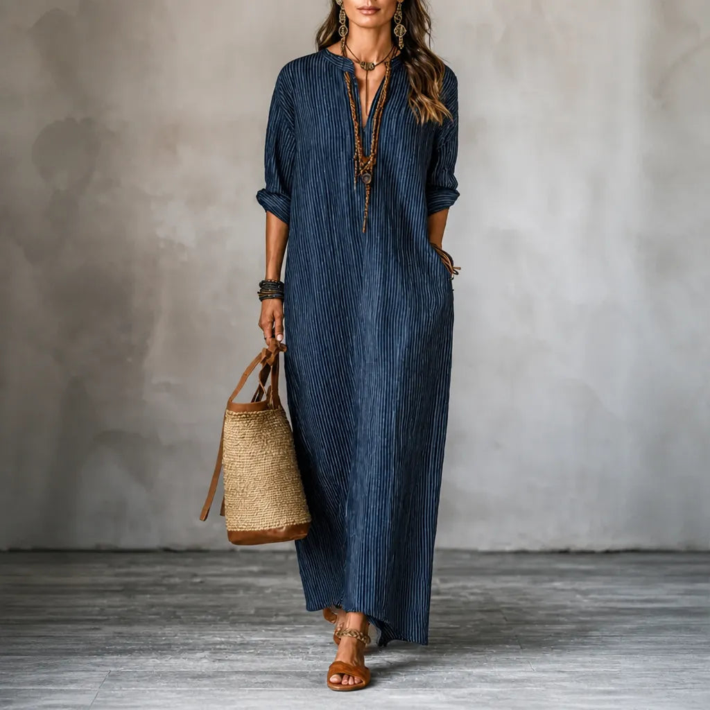 Vestara | Striped V-Neck Maxi Dress