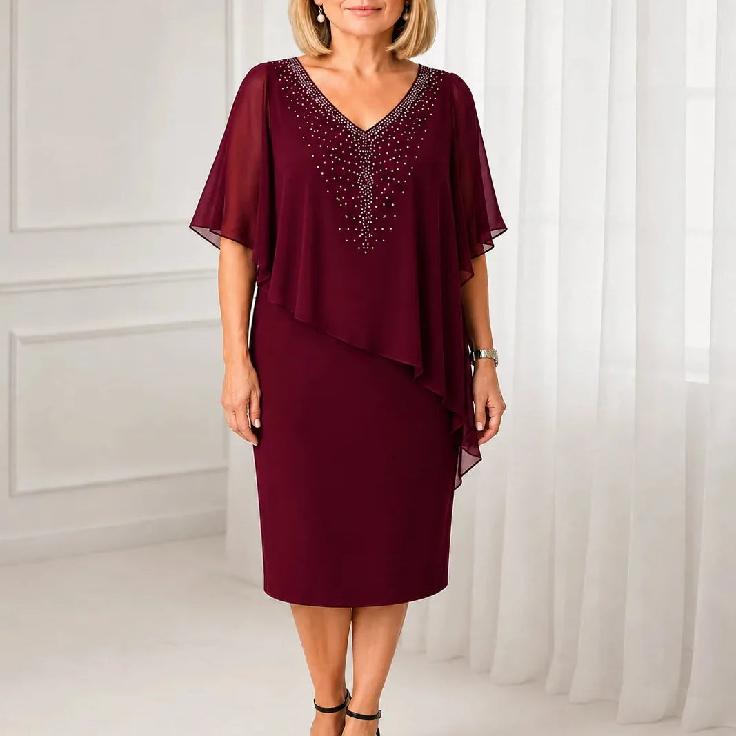 Velora | Rhinestone Cape Midi Dress