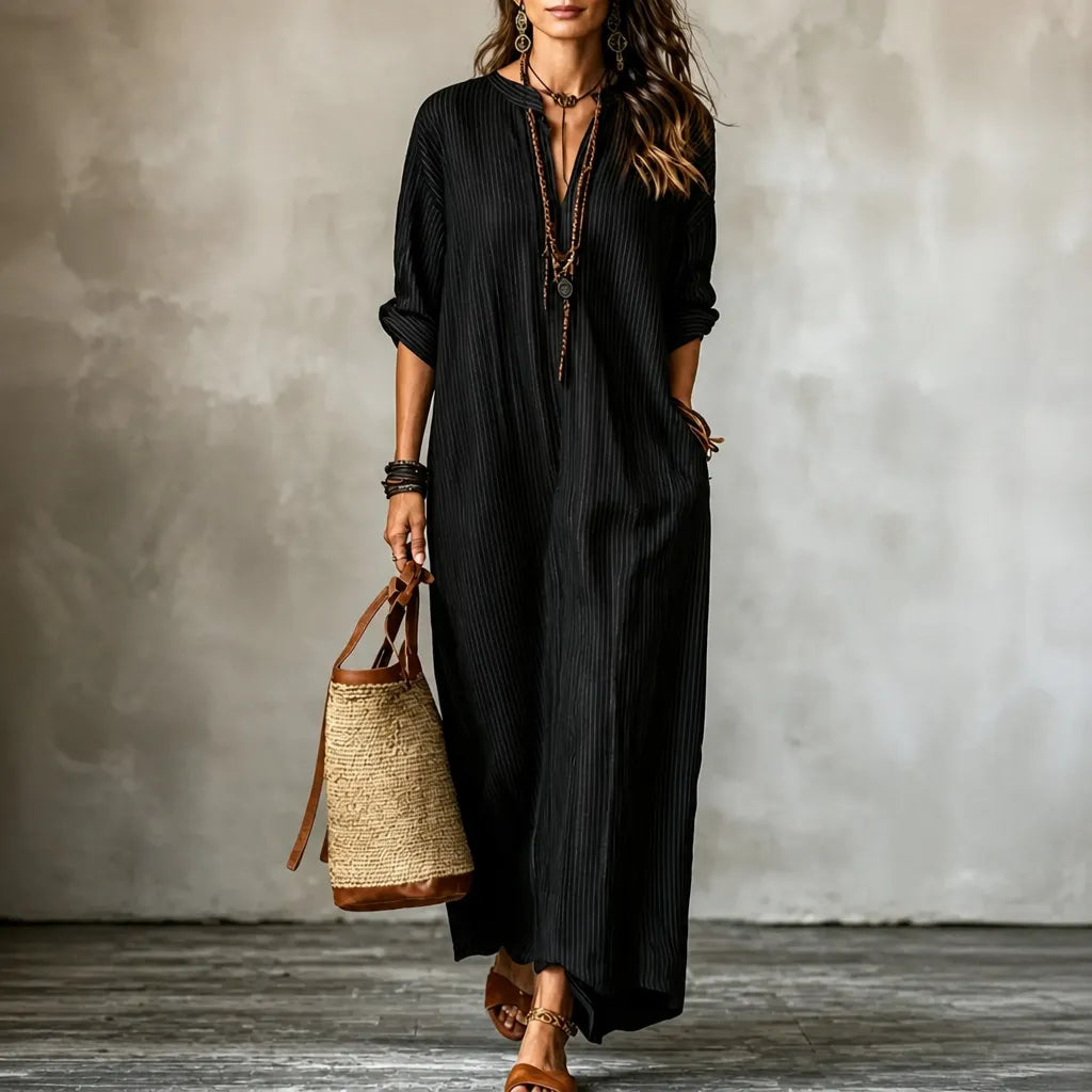 Vestara | Striped V-Neck Maxi Dress