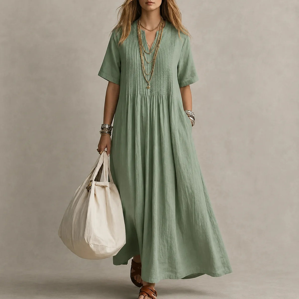 Lunavia | Pleated V-Neck Maxi Dress