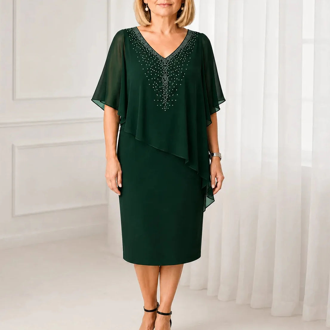 Velora | Rhinestone Cape Midi Dress