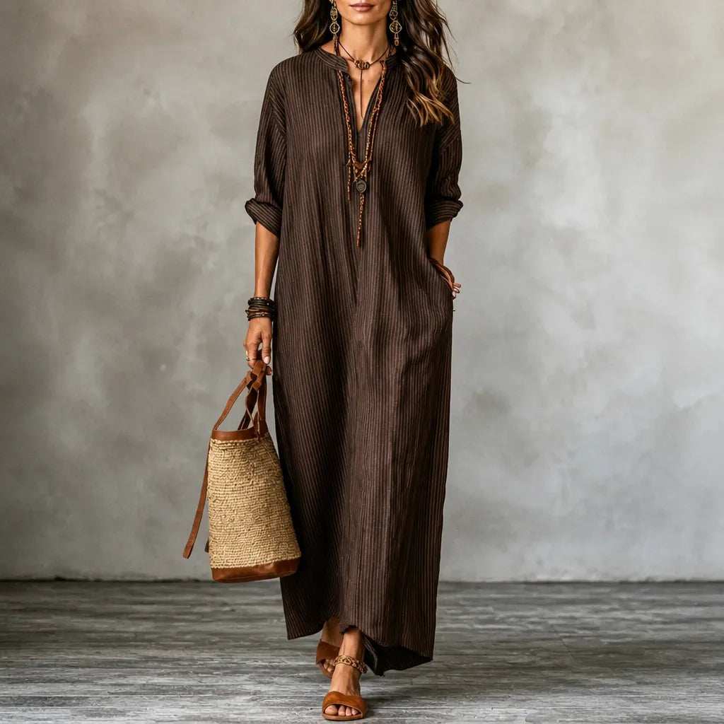 Vestara | Striped V-Neck Maxi Dress