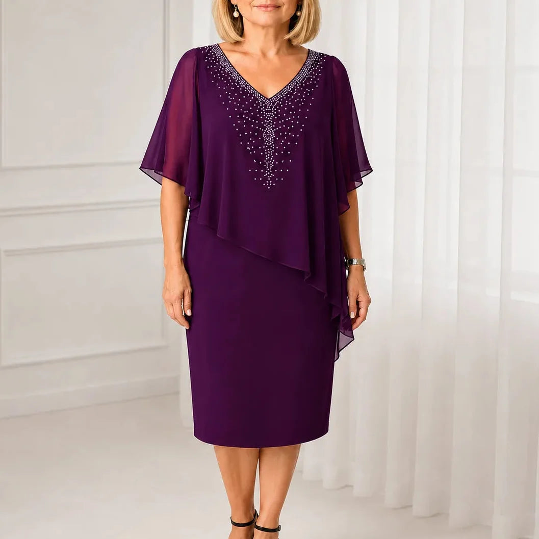 Velora | Rhinestone Cape Midi Dress