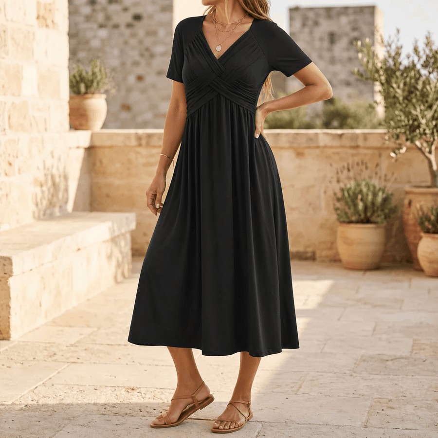 Veluna | Crossover V-Neck Midi Dress