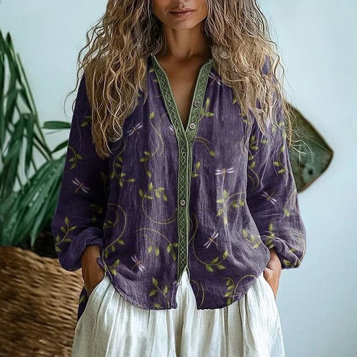 Sophia | Leaf-Print Button Blouse