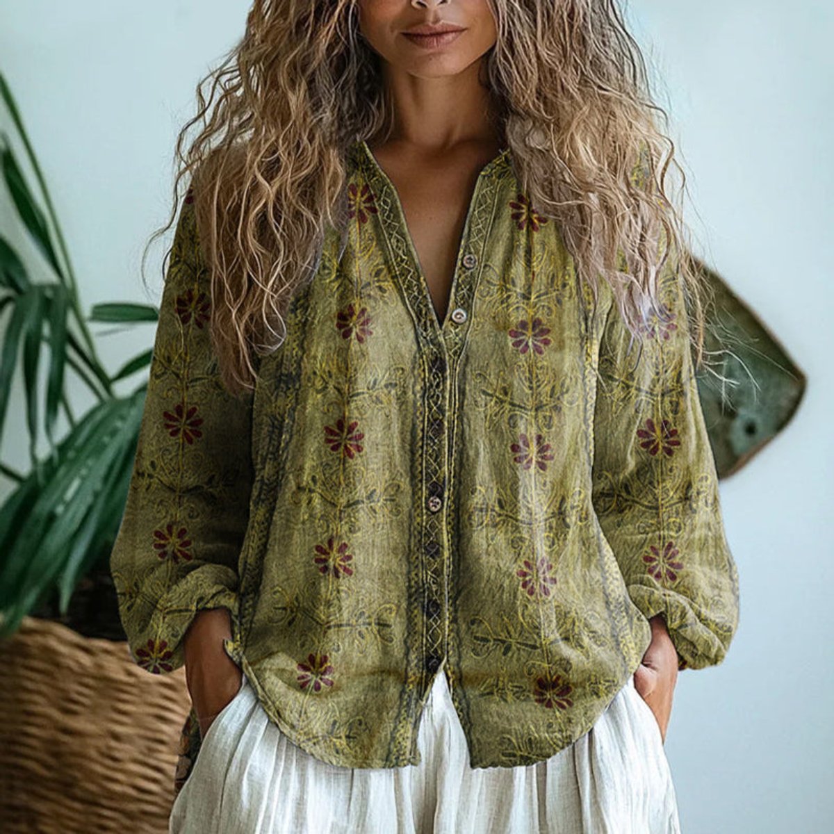 Sophia | Leaf-Print Button Blouse